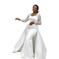 SHOWLU FASHION STORE WHITE / CHINA / 14 Customized Gorgeous Satin Mermaid Wedding Dress With Detachable Train IllusionLong Sleeve Country Beach African Bridal Gown