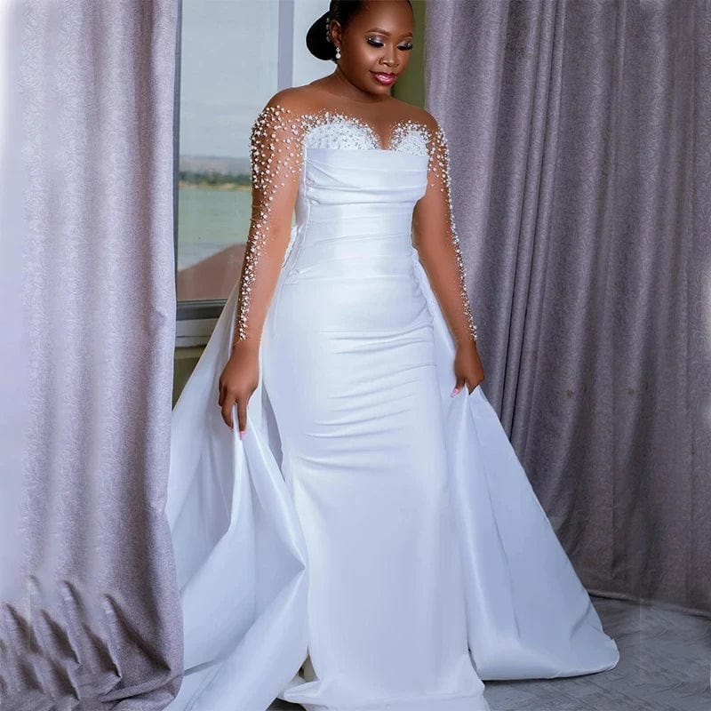 SHOWLU FASHION STORE WHITE / CHINA|16W / 50cm Customized Romantic Shinny Handwork Beads Wedding Dresses 2025 Robe De Mariee Long Sleeves  Detachable Train Bridal Gowns