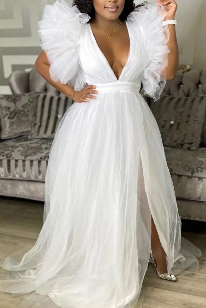 SHOWLU FASHION STORE WHITE / CHINA / XXL New Arrivals Women Sexy Mesh Gown Dresses Charming Deep V-neck Plus Size XL-5XL High Waist Slit Floor-length Autumn Party Dress