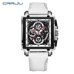  Showlu Fashion Store White CRRJU Men's Sports Chronograph Wrist Watch For Men Army Silicone strap Square Quartz Stop Watch Clock Man Relogios Masculino