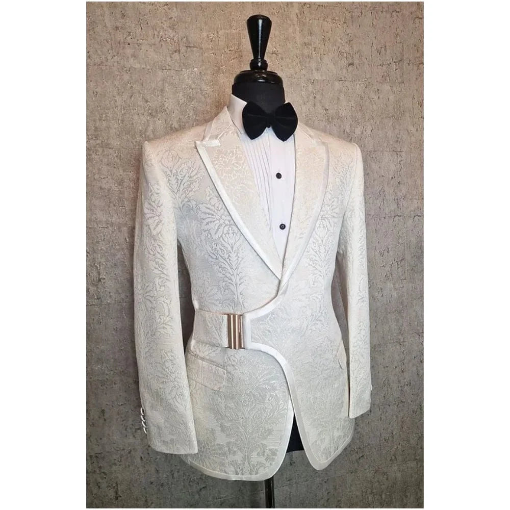 Men's patterned tuxedo suit by SHOWLU FASHION STORE, slim fit wedding blazer with black pants, buckle design, suitable for formal events