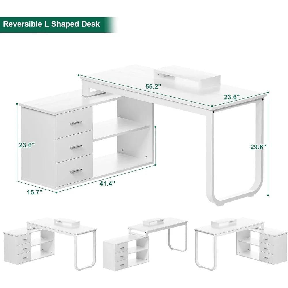 SHOWLU FASHION STORE White Desk 55 Inch Long Home Office Desk L Shaped Corner Computer Desk with 3 Drawers and 2 Shelfs & Monitor Stand