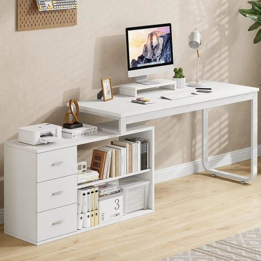 SHOWLU FASHION STORE White Desk 55 Inch Long Home Office Desk L Shaped Corner Computer Desk with 3 Drawers and 2 Shelfs & Monitor Stand