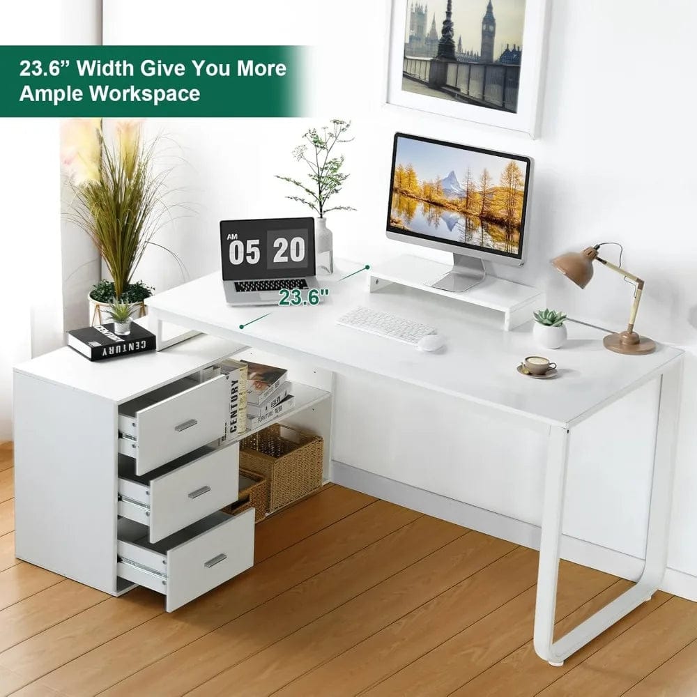 SHOWLU FASHION STORE White Desk 55 Inch Long Home Office Desk L Shaped Corner Computer Desk with 3 Drawers and 2 Shelfs & Monitor Stand