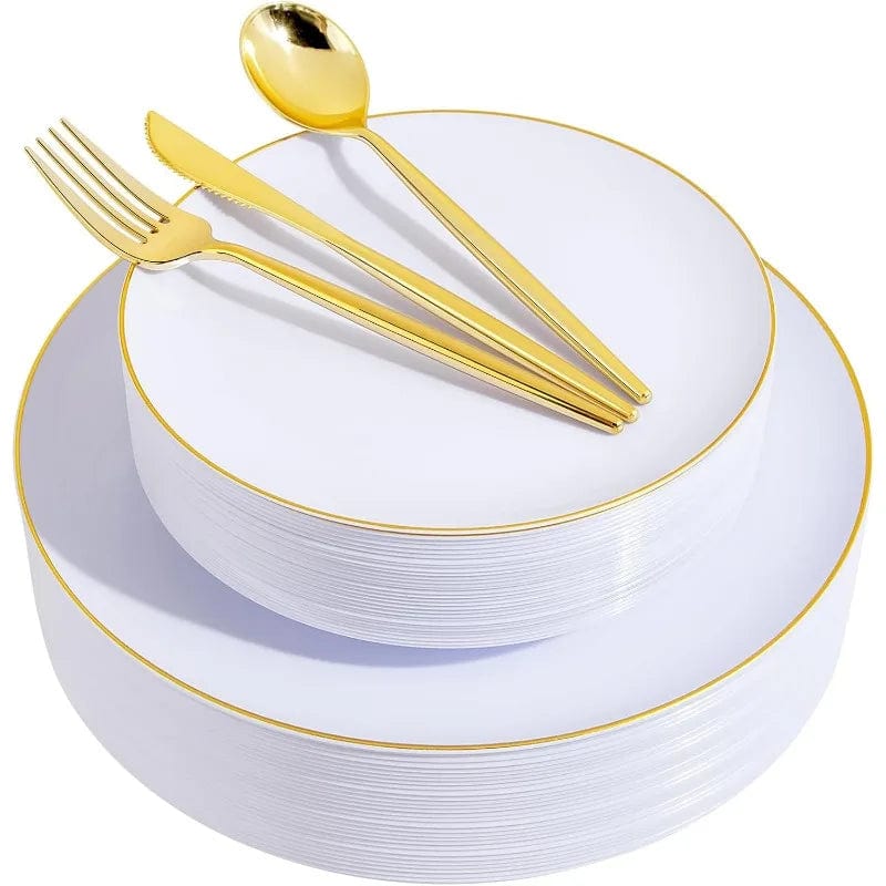 Showlu Fashion Store White Gold / United States 150Pcs Gold Plastic Plates Disposable Green Plastic Plates with Gold Rim Disposable Dinnerware: 30 Green Dinner Plates