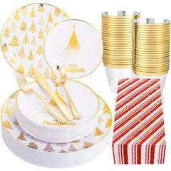 Showlu Fashion Store White Gold / United States 175PCS Solid Gold Plastic Plates with Gold Rim，Disposable Silverware Include25 Dinner Plates,25 Dessert Plates, 25 Forks