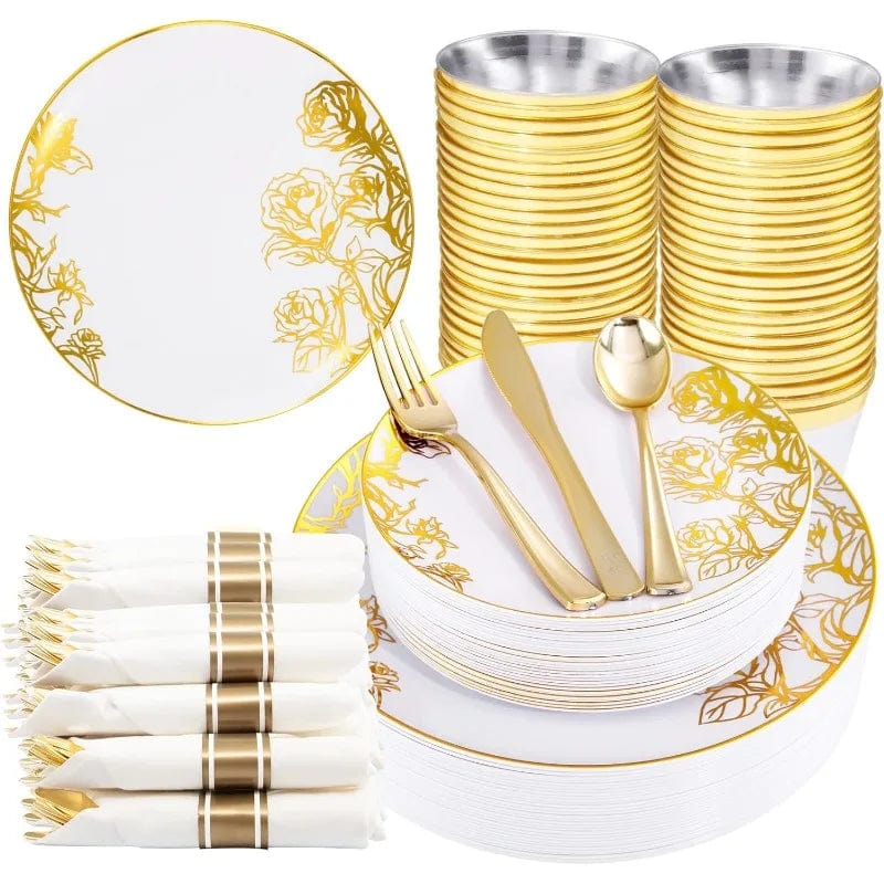 Showlu Fashion Store White Gold / United States 30Guest Clear Gold Plastic Plates, Gold Party Plates and Cup and Napkins Set Gold Disposable Dinnerware Include 30 Dinner Plates