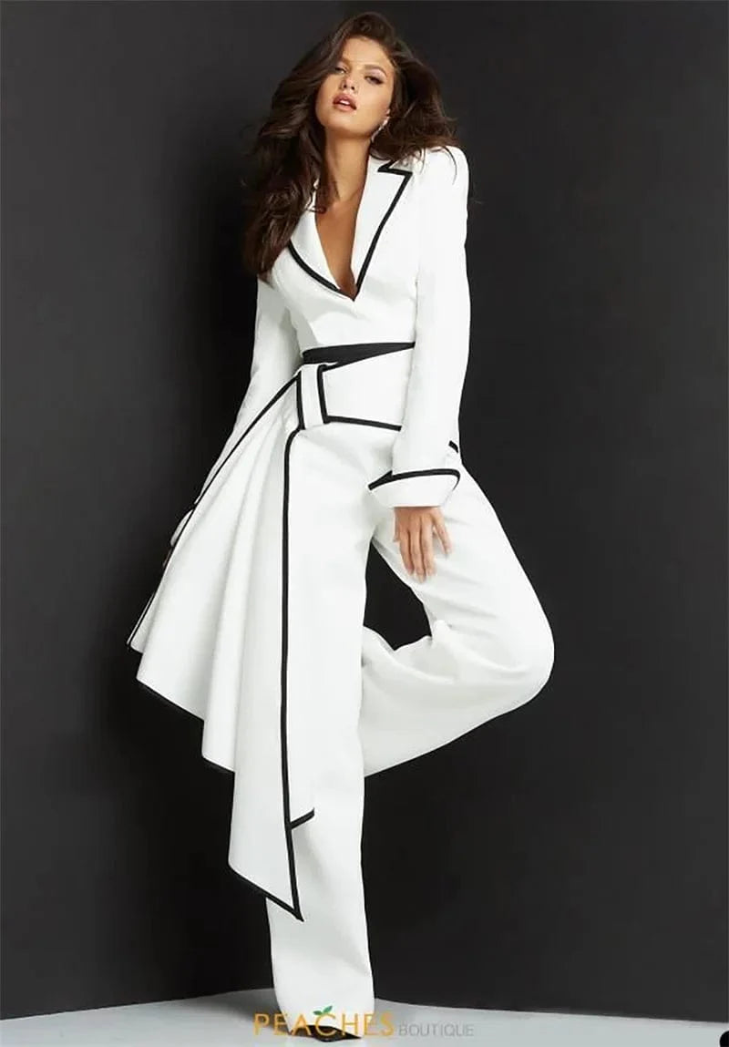 White women's V-neck blazer jumpsuit by SHOWLU FASHION STORE, featuring a tailored fit, belt, and stylish mosaic design for parties.