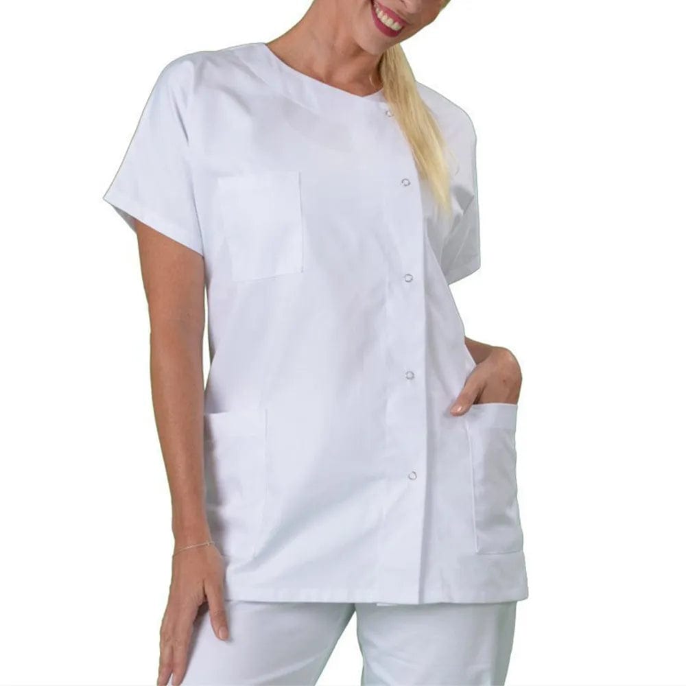  Showlu Fashion Store White / L / China Women Men Medical Dress Hospital Lab Coat Workwear Tops Uniform Collarless Short Sleeve Unisex Nurse Doctor Outfit Costume Coats