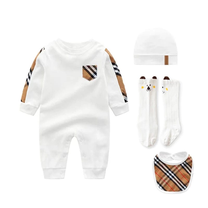  Showlu Fashion Store white long 4 pcs / 6M Newborn Cotton Baby Overalls Boy Girls Clothes One Piece Pocket Jumpsuits 3PCS/Set New Fashion Plaid Baby Romper+Bibs+Hat