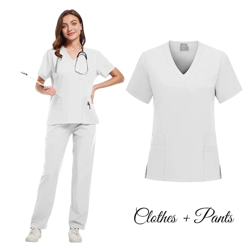 SHOWLU FASHION STORE White / M New Nurse Uniforms Elatic Solid Tops Pants Woman Man Scrub Trousers Dental Vet Hospital Pet Clinic Medical Uniform Scrub Sets