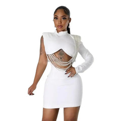 SHOWLU FASHION STORE White / M Sexy Club Party Night Pearl String Dresses for Women Skinny Slim Full Sleeve Elegant Dress Birthday Party Vestidos Mini Dresses