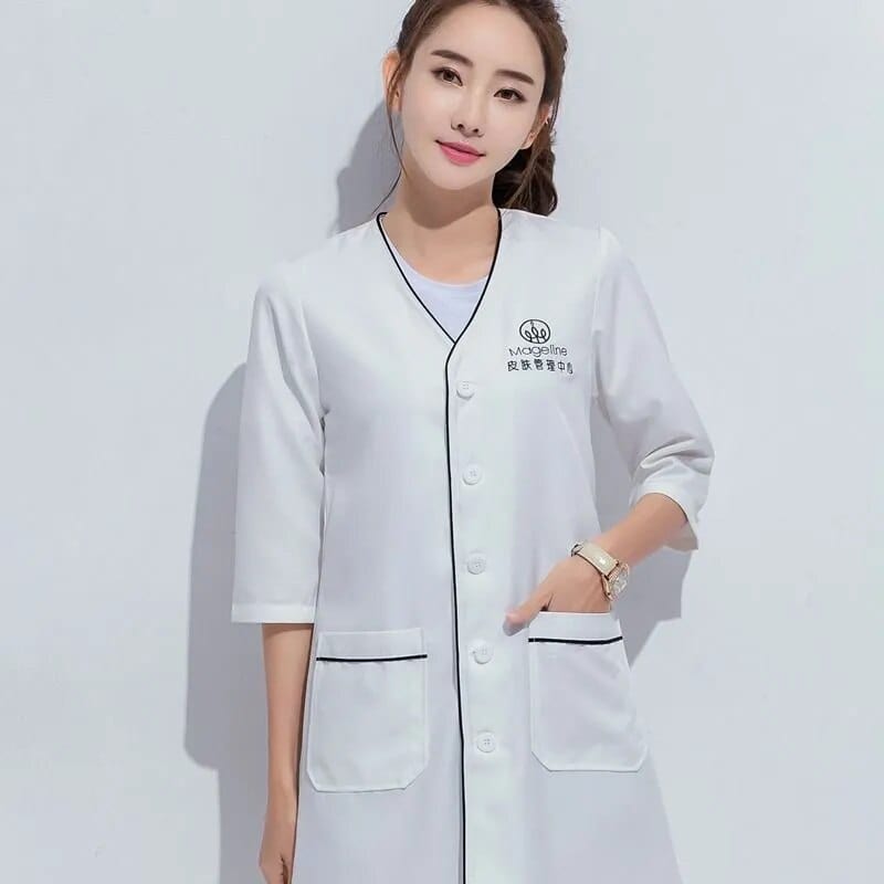 Showlu Fashion Store white middle / XS Black short beauty uniform dress spa uniform scrub uniform white plus size Salon grooming clothes Lab coat logo Beautician tops