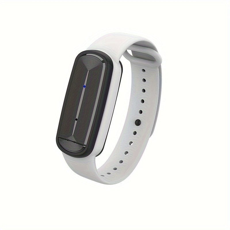 White Showlu Ultrasonic Mosquito Repellent Band worn as a USB rechargeable watch for outdoor mosquito prevention.