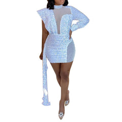 Showlu Fashion Store WHITE / S / CHINA 2022 Women Sequin Mini White Dress Party See Through High Neck Sexy Long Sleeve Bodycon Tail Short Evening Elegant Dresses