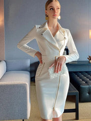  Showlu Fashion Store White / S Female Vintage Women Large Lapel Knight Style Slim Wrap Hip Zipper Dress