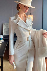  Showlu Fashion Store White / S Female Vintage Women Large Lapel Knight Style Slim Wrap Hip Zipper Dress