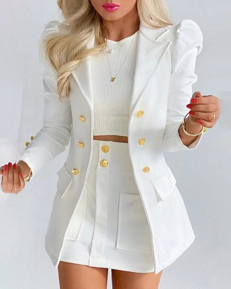  Showlu Fashion Store WHITE / S Long Sleeve Suit Jacket Dress Set Spring Fashion Elegant Solid Turn Down Collar Coat Buns Two Piece Sets For Women Outfit 2023