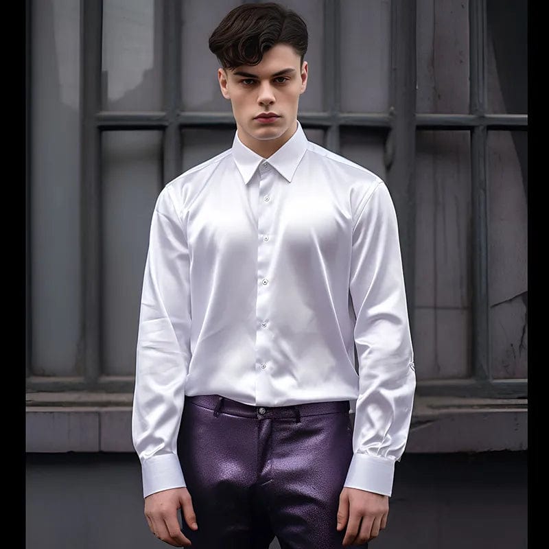  Showlu Fashion Store WHITE / S Mens Satin Silk Dress Shirt Long Sleeve Slim Business Formal Casual Tops Classic