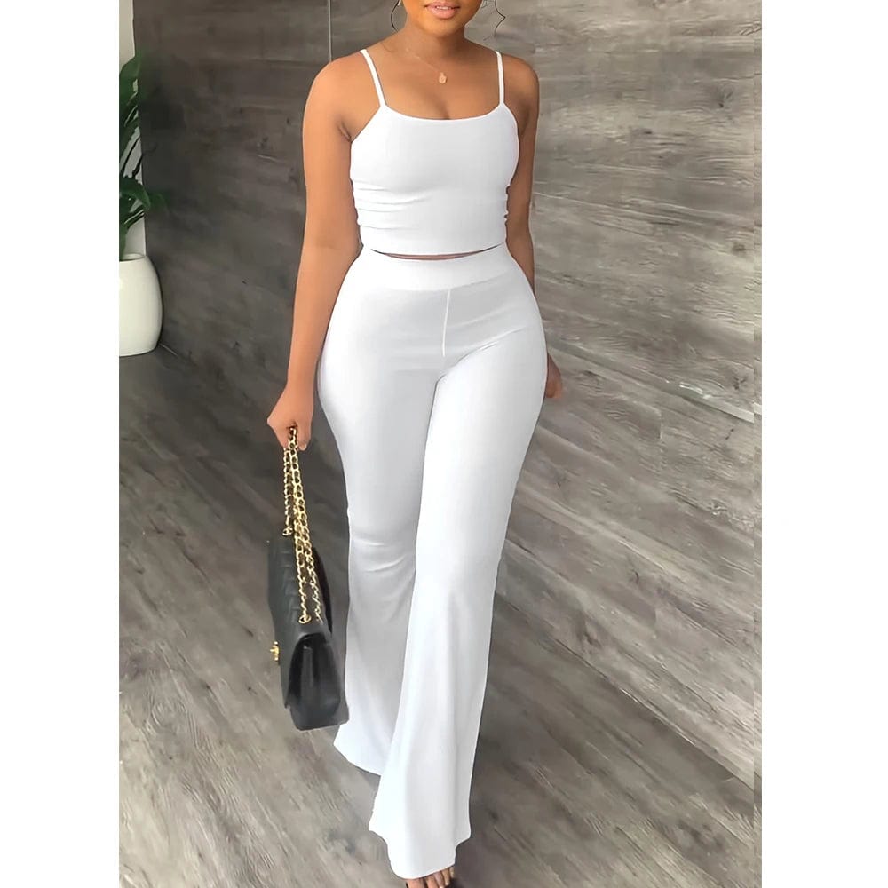  Showlu Fashion Store WHITE / S Pant Sets Women 2023 Summer Sexy Spaghetti Strap Crop Top & Loose Flare Pants Suits Casual Simple Solid Two Piece Set Outfits