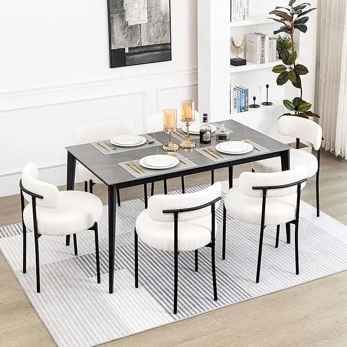 SHOWLU FASHION STORE White-set of 6 / United States Dining Chairs Set of 6,Curved Backrest with Black Metal Legs,Kitchen Dining Room Chairs Upholstered Modern Sherpa Dining Chairs