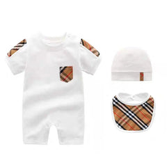  Showlu Fashion Store white short 3 pcs / 6M Newborn Cotton Baby Overalls Boy Girls Clothes One Piece Pocket Jumpsuits 3PCS/Set New Fashion Plaid Baby Romper+Bibs+Hat