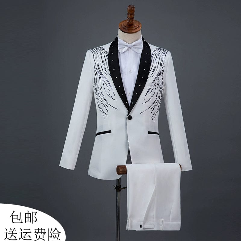  Showlu Fashion Store White(Suit + pants with bow tie) / 175/88A(L weight about 72.50kg) Diamond Decorations Sequined Chorus Singer Host Performance Costume