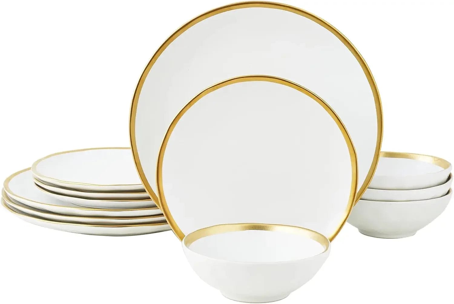 Showlu Fashion Store White / United States 12 Piece Luxury Bone China Dishware Sets Kitchen Tableware Set of Plates Gilt Rim Plates and Bowls Sets for 4 Plate Dish Dinner