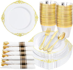 Showlu Fashion Store White / United States 175PCS Plastic Plates - Disposable Party Plates & Pre Rolled Napkins with Cutlery for 25 Guests, Plates, Silverware, Cups,Napkin