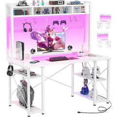 SHOWLU FASHION STORE White / United States 2024 Upgrade Gaming Desk with Hutch, 48'' Magic Computer Desk with LED and Outlets, Reversible Workstation Desk with Pegboard