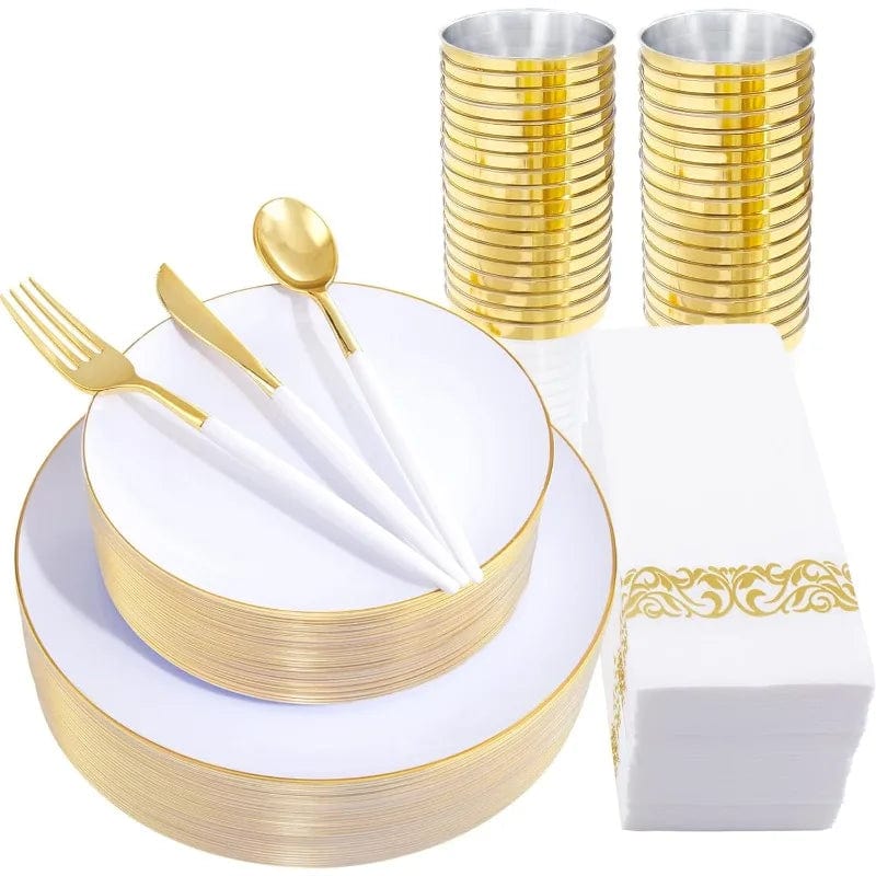 Showlu Fashion Store White / United States 350PCS White and Gold Plastic Plates - Gold Plastic Dinnerware Set with Pre Rolled Napkins