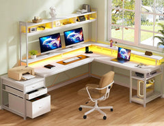 SHOWLU FASHION STORE White / United States Gaming Desk, 66-inch, with Drawers, LED Lights with Power Outlet, with Monitor Stand and Shelf, Gaming Computer Desk