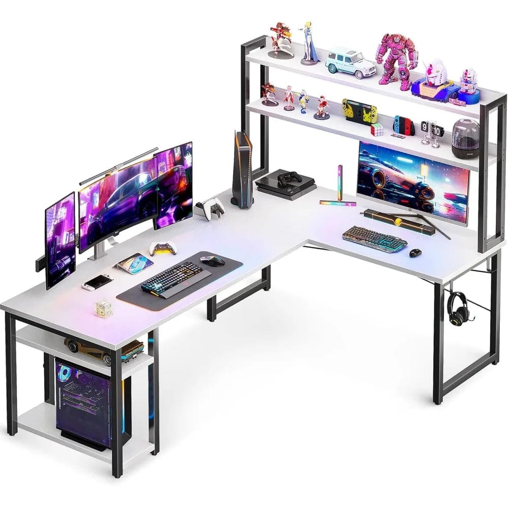 SHOWLU FASHION STORE White / United States L Shaped Gaming Desk with Hutch,Computer Desk with Storage Shelves, 66"Desk for Home Office,Corner Desk with Headphone Hook