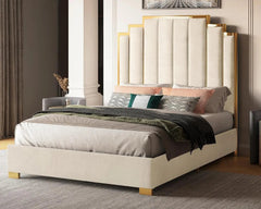 SHOWLU FASHION STORE White / United States Queen Size Platform Bed Frame, 61.4" Velvet Upholstered Bed with Gold Trim Headboard/Wooden Slats/No Box Spring Needed