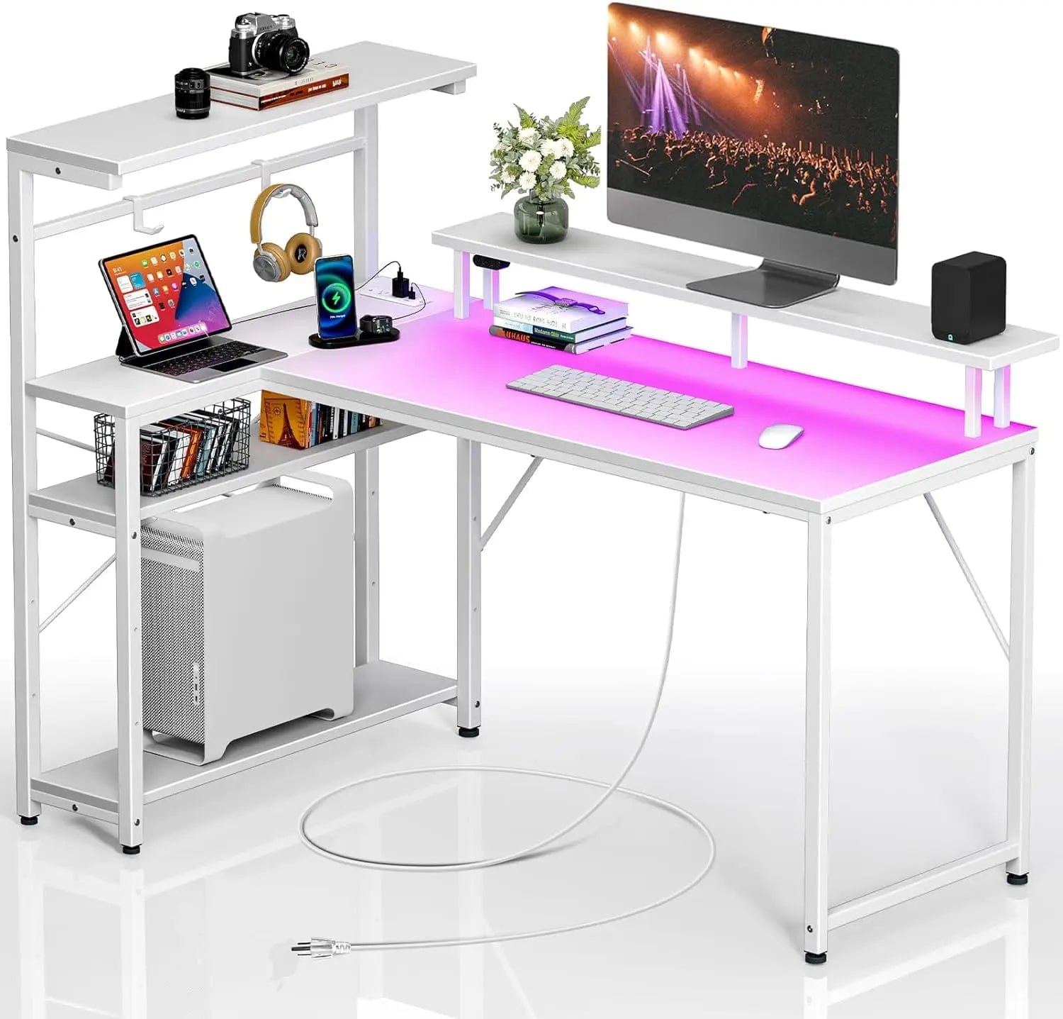 SHOWLU FASHION STORE White / United States Seventable Gaming Desk with Power Outlet and LED Light, Reversible Small Desk with Monitor Stand,4 Tiers Shelves and Hooks,39" L