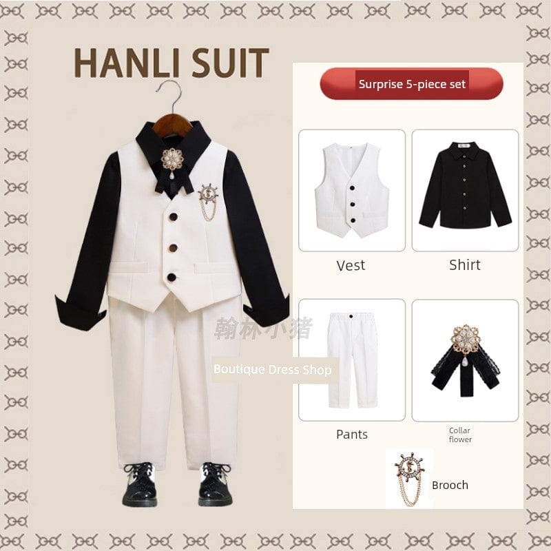 Showlu Fashion Store White (vest Shirt pants)(Send collar brooch) / 100cm [recommended weight 12.50 kg-15.00 kg]] Children's Costume British Handsome Host Suit