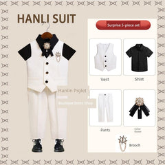 Showlu Fashion Store White (vest short-sleeved pants)(Send collar brooch) / 100cm [recommended weight 12.50 kg-15.00 kg]] Children's Costume British Handsome Host Suit