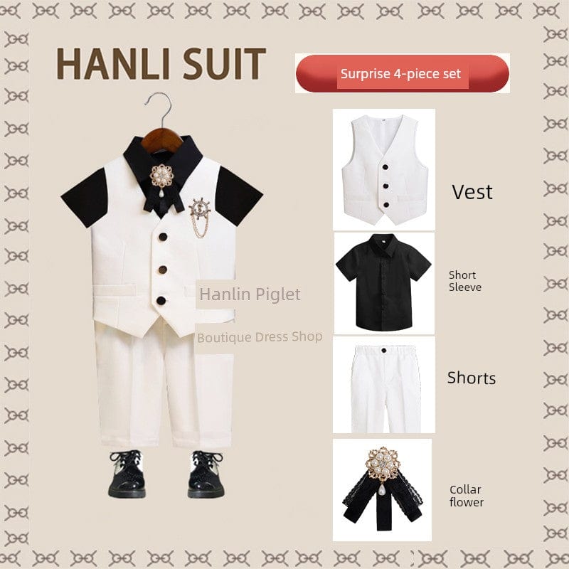 Showlu Fashion Store White (vest short-sleeved shorts)(Send collar brooch) / 100cm [recommended weight 12.50 kg-15.00 kg]] Children's Costume British Handsome Host Suit