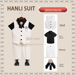 Showlu Fashion Store White (vest short-sleeved shorts)(Send collar brooch) / 100cm [recommended weight 12.50 kg-15.00 kg]] Children's Costume British Handsome Host Suit