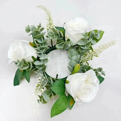  Showlu Fashion Store white Wedding Candle Holder Artificial Rose Flower Wreath Leaves Candlestick Rings Wedding Party Centerpiece Table Home Decorations