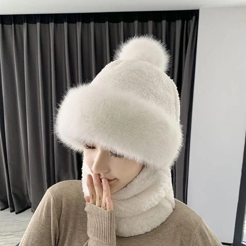  Showlu Fashion Store White Winter Scarf Set Hooded for Women Plush Neck Warm Russia Outdoor Ski Windproof Hat Thick Plush Fluffy Beanies