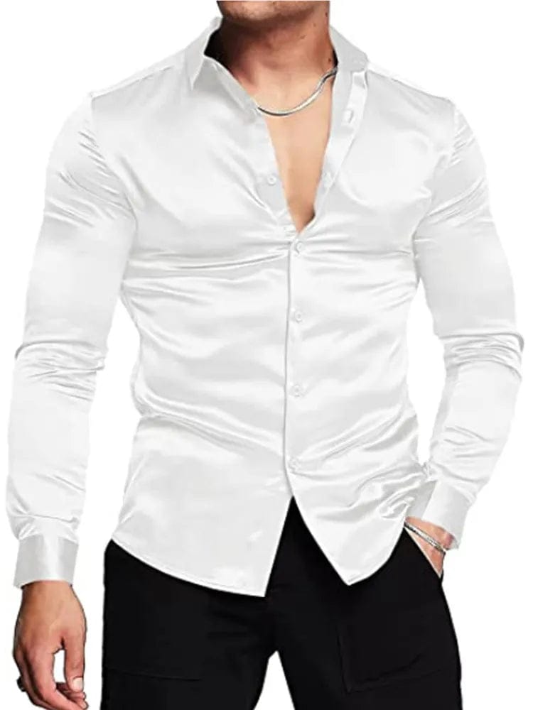 Showlu Fashion Store white / XL 2023 New business gentleman social fashion design shirt top Men's satin party slim-fit dress shirt