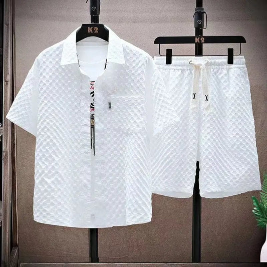  Showlu Fashion Store WHITE / XXL 68-77kg Summer Men Sets Casual Oversize Plaid Lapel Short Shirts Shorts Two-Piece Casual Solid Short Sleeve Loose Fashion Streetwear