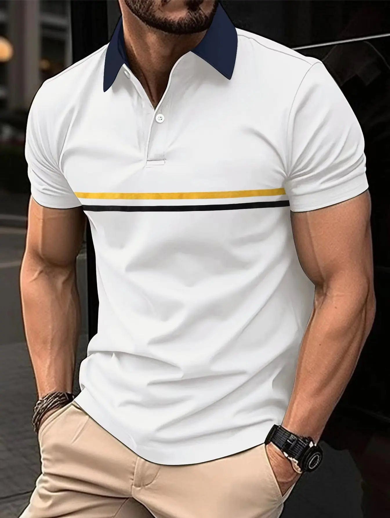 Showlu Fashion Store white / XXXL Best-selling men's casual Polo shirt spring and summer lapel button splicing men slim golf street wear