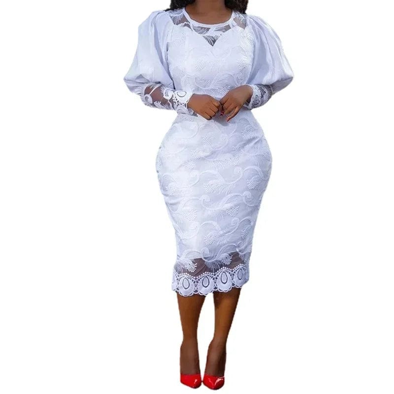 SHOWLU FASHION STORE WHITE / XXXL Elegant Women White Lace Dress Puff Sleeve Embroidery Pencil Dress Large Size 4XL Ladies Wedding Birthday Dinner Evening Clothes