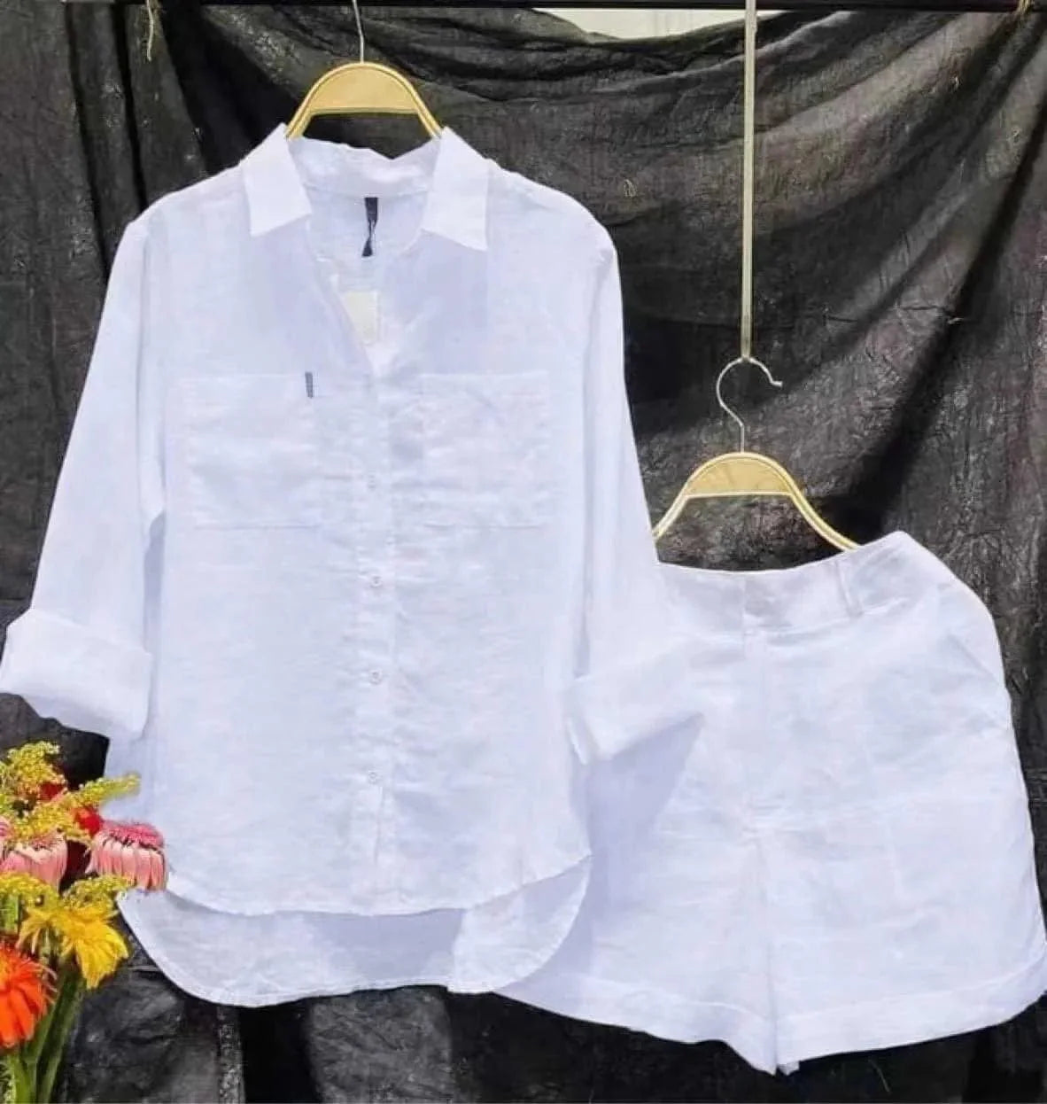 White women's cotton linen 2-piece set with long sleeve shirt and shorts, casual summer outfit by Showlu Fashion Store.