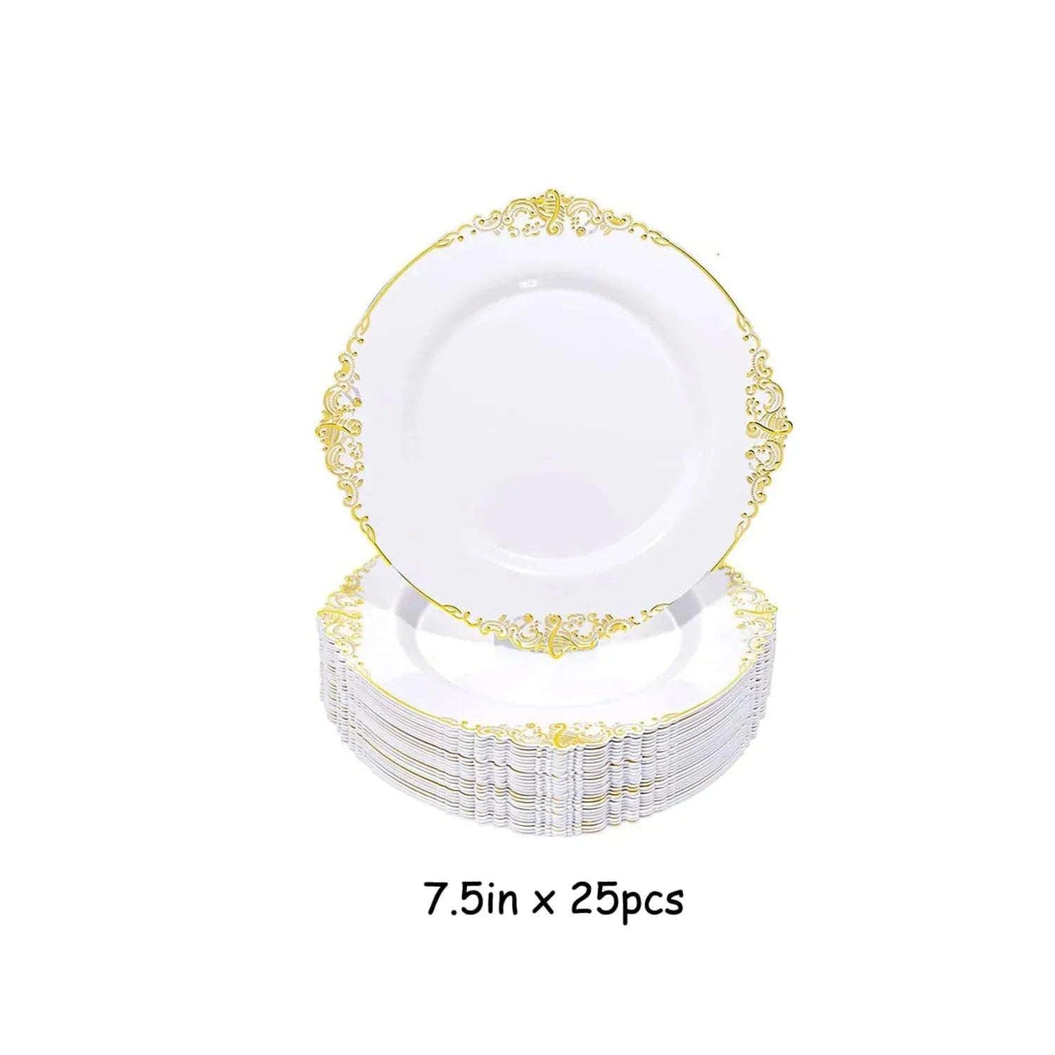 Showlu gold-plated embossed PS plastic tableware set with 25 pieces, including plates, knives, forks, and spoons for parties.