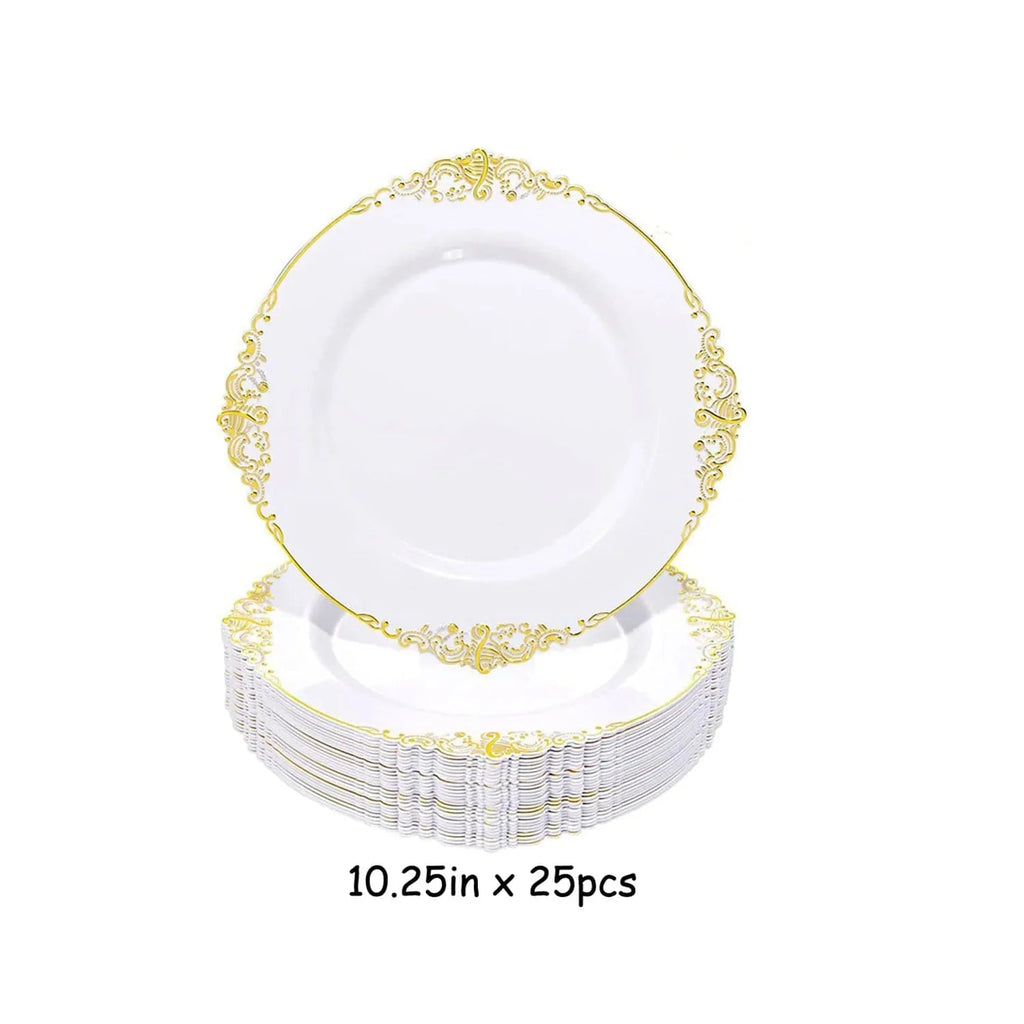Showlu Gold-Plated Embossed PS Plastic Tableware Set with 25 plates, knives, forks, and spoons for parties and events.