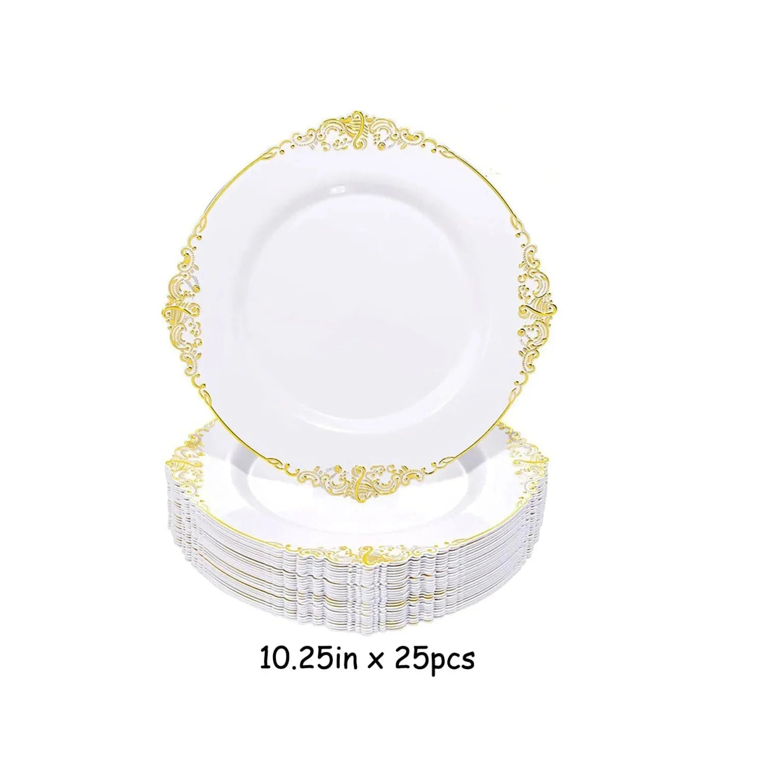 Showlu Gold-Plated Embossed PS Plastic Tableware Set with 25 plates, knives, forks, and spoons for parties and events.