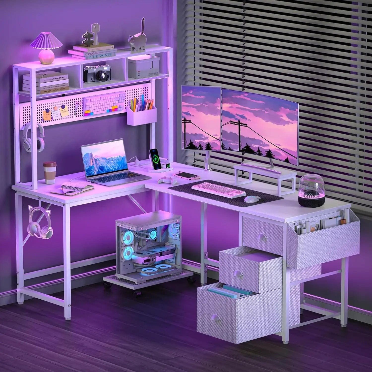 SHOWLU FASHION STORE Whte / United States Gaming Desk Computer Desk with Pegboard & Shelves Large L Shaped Desk with Drawers, Power Outlet & LED